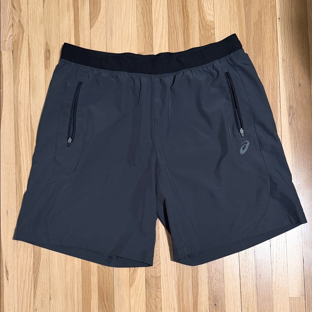 Asics Men's Dark Gray Athletic Running Shorts with Zipper Pockets